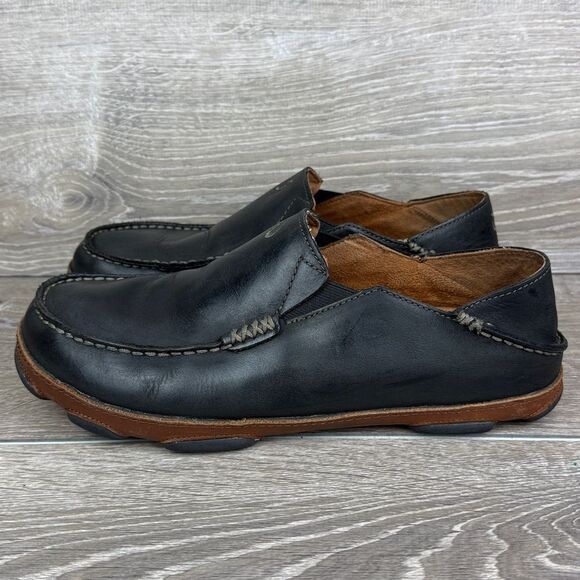 OluKai Moloa Mens Size 10.5 Black Leather Collapsible Heel Slip On Loafer - Picture 3 of 11